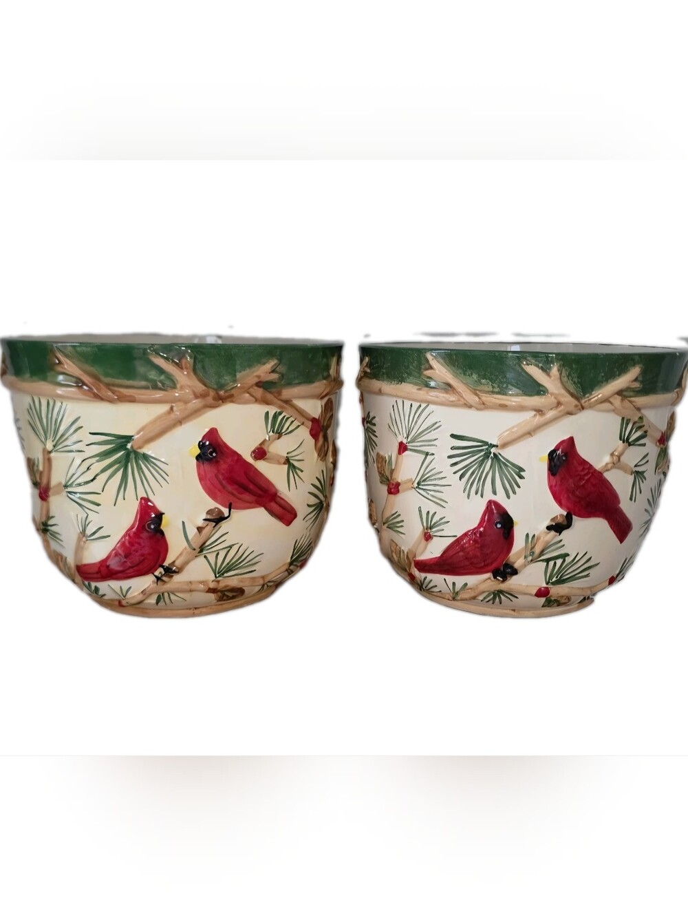 Set Of 2 Hand-Painted Red Cardinal Ceramic Planters